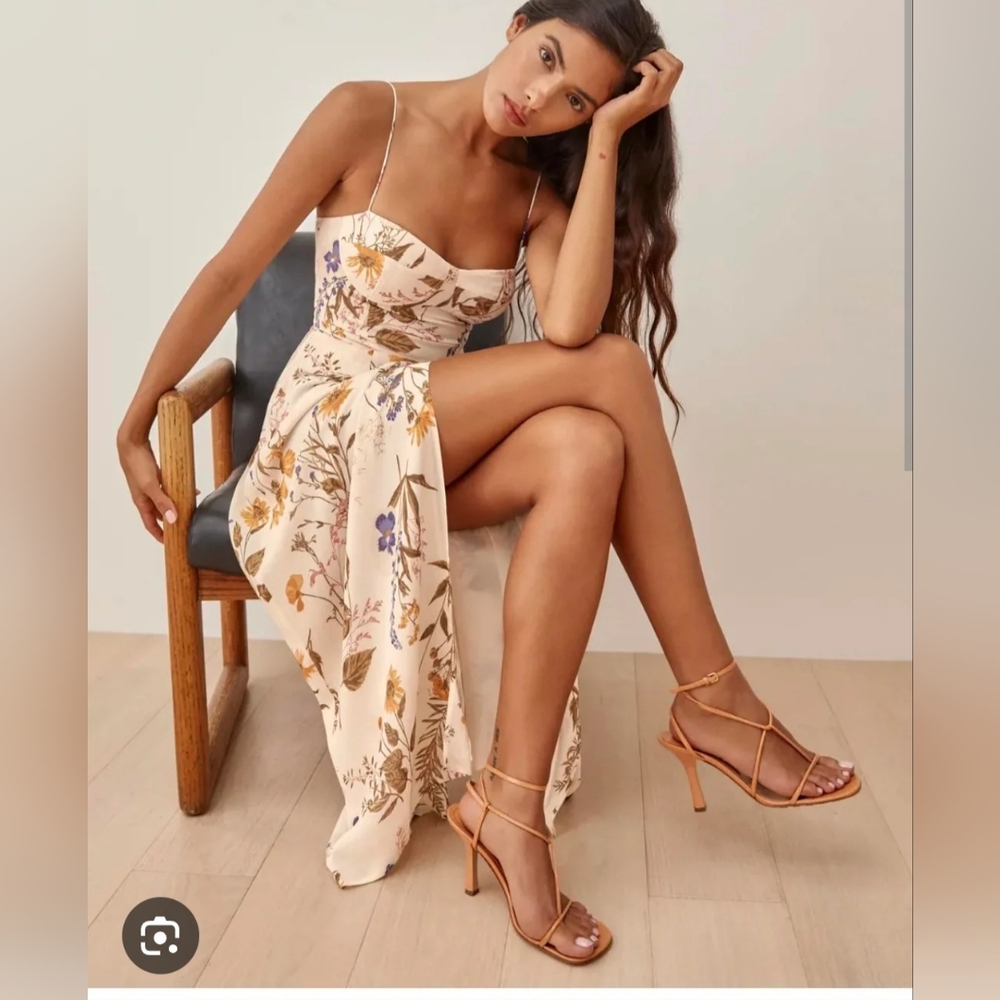 Reformation Floral High Low Dress in Cream and Purple
